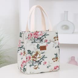 New Canvas Flower Printed Fabric Handbag, Work Portable Multi-Pocket Zipper Semi-Closed Daily Clutter Storage Bag, Bento Bag