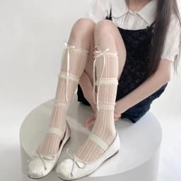 Women's Summer Spring Bow Lace Breathable Socks Black Sexy Stocking Sweet Style Lolita Knee High Socks Girls Gift Medias Kawaii