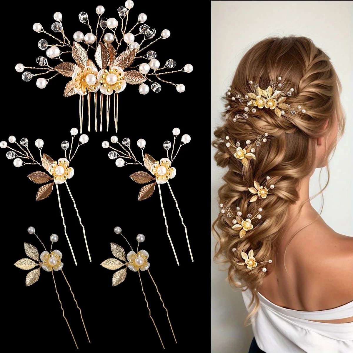 5 Pcs Handmade Flower Pearls Hair Combs With Leaves Hair pins Wedding Hair Accessories For Women Bride Crystal Headbands
