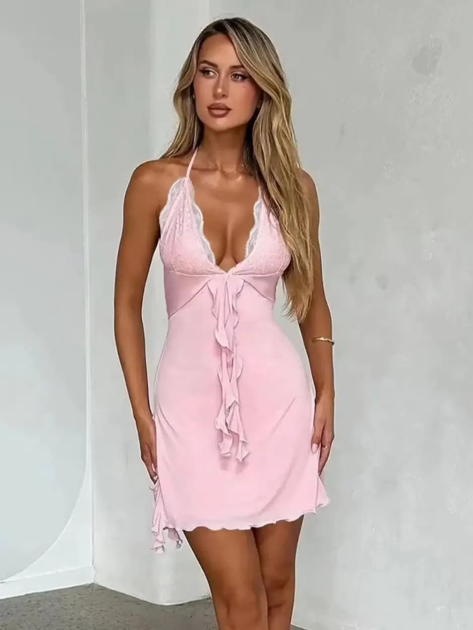 Sexy V-Neck Hanging Neck Lace Backless Lace Up Dress Summer Bar Club Spicy Girl Women's Clothing 2024New Style