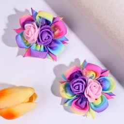 2pcs/Pack Kids' Rainbow Gradient Woven Ribbon Foam Flower Hair Clips, Children's Hair Accessories Hair Clips Hairbows for Girls