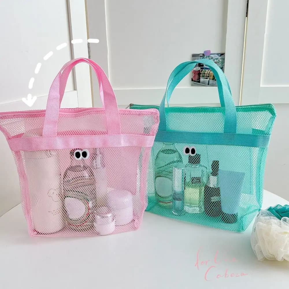 Beach Mesh Wash Bag Cosmetic Bag Large Capacity Shopping Bag Totes Shoulder Bag Portable Handbags Foldable Swimming Storage Bag