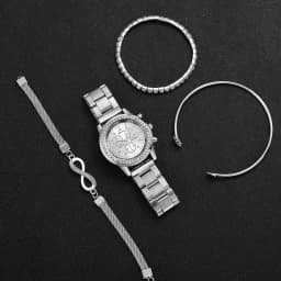 4PCS/Set Fashion Rhinestone Women‘s Watch Stainless Steel Band Quartz Watches Silver Bracelets Set