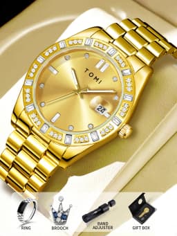 TOMI 4PCS Luxury Business Men's Watch Gift Box Set Luxury Diamond Case Calendar Stainless Steel Strap Quartz Watch Men's Clock