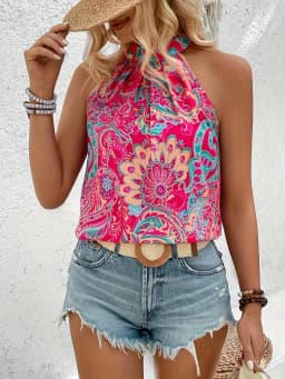 New Elegant Women's Summer Tank Tops Casual Floral Print Top Vacation Pleated Halterneck Sleeveless Camisole Shirt