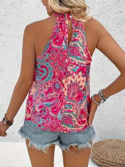 New Elegant Women's Summer Tank Tops Casual Floral Print Top Vacation Pleated Halterneck Sleeveless Camisole Shirt