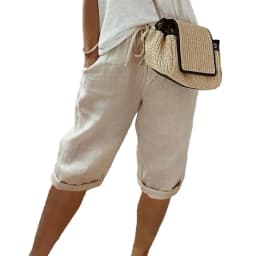 American Vintage Solid Lace Up Women's Cotton Linen Pants Elastic High Waist Wide-Leg Shorts With Pocket Streetwear Ladies Pants