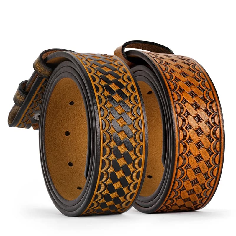 Men's Leather Belt Without Buckle Western Mens Cowboy Belts For Jeans Two Layer Embossed Cowhide No Buckle Strap
