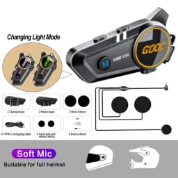 C50 Motorcycle Bluetooth Helmet Headset V5.3 Tri-Colorful Lights Earphone IPX6 Waterproof Support Connecting 2 Phones Same Time
