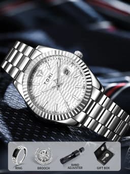 TOMI New Men's Watch Brooch Ring Gift Box Set Luxury Business Stainless Steel Strap Men's Calendar Casual Quartz Watch Reloj