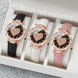 3PCS Women Watches Fashion Rhinestone Heart Dial Quartz Watch Female Leather Band Wristwatches Set(Without Box)