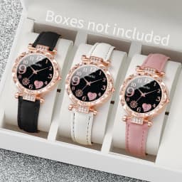 3PCS Women Watches Fashion Rhinestone Heart Dial Quartz Watch Female Leather Band Wristwatches Set(Without Box)