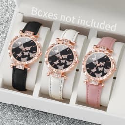 3PCS Women Watches Fashion Rhinestone Heart Dial Quartz Watch Female Leather Band Wristwatches Set(Without Box)