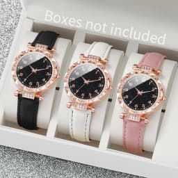 3PCS Women Watches Fashion Rhinestone Heart Dial Quartz Watch Female Leather Band Wristwatches Set(Without Box)