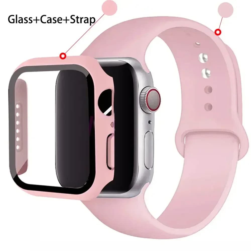 Sport band+Glass+Case For Apple Watch bands 44mm 40mm 45mm 41mm 38mm 42mm Silicone bracelet iWatch series 8 9 7 6 5 4 3 SE strap