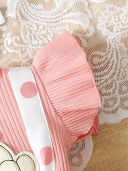 Fashionable Baby Girls' Casual Polka Dot Pattern Round Neck Flying Sleeve Cartoon Bear Embroidery Overall Dress With Hair Band,