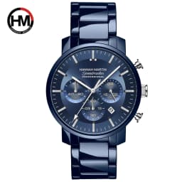 2024 New Multi functional Watch Hannah Martin Brand 46mm Blue Silver Stainless Steel Leisure Quartz Timing Watch Freee Shipping