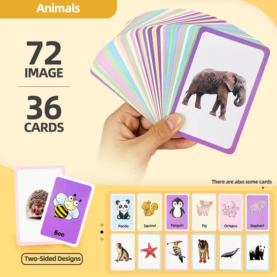 36 Double-Sided Animal Recognition Cards for Kidsren's Enlightenment and Learning through Pictures, Paper-Based Fun Teaching Cards
