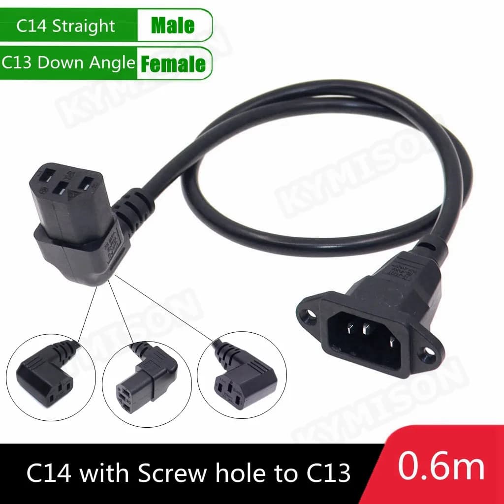 IEC320 C14 to C13 Extension Cord, C14 with Screw Holes and C13 Angled 30cm / 60cm Lenght, H05VV-F 3G 0.75MM