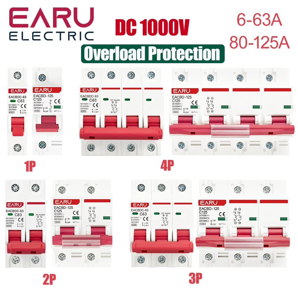 EARU DC 1000V 1/2/3/4P Solar Mini Circuit Breaker Overload Protection Switch 6A~63A/80A/100A/125A MCB for Photovoltaic PV System