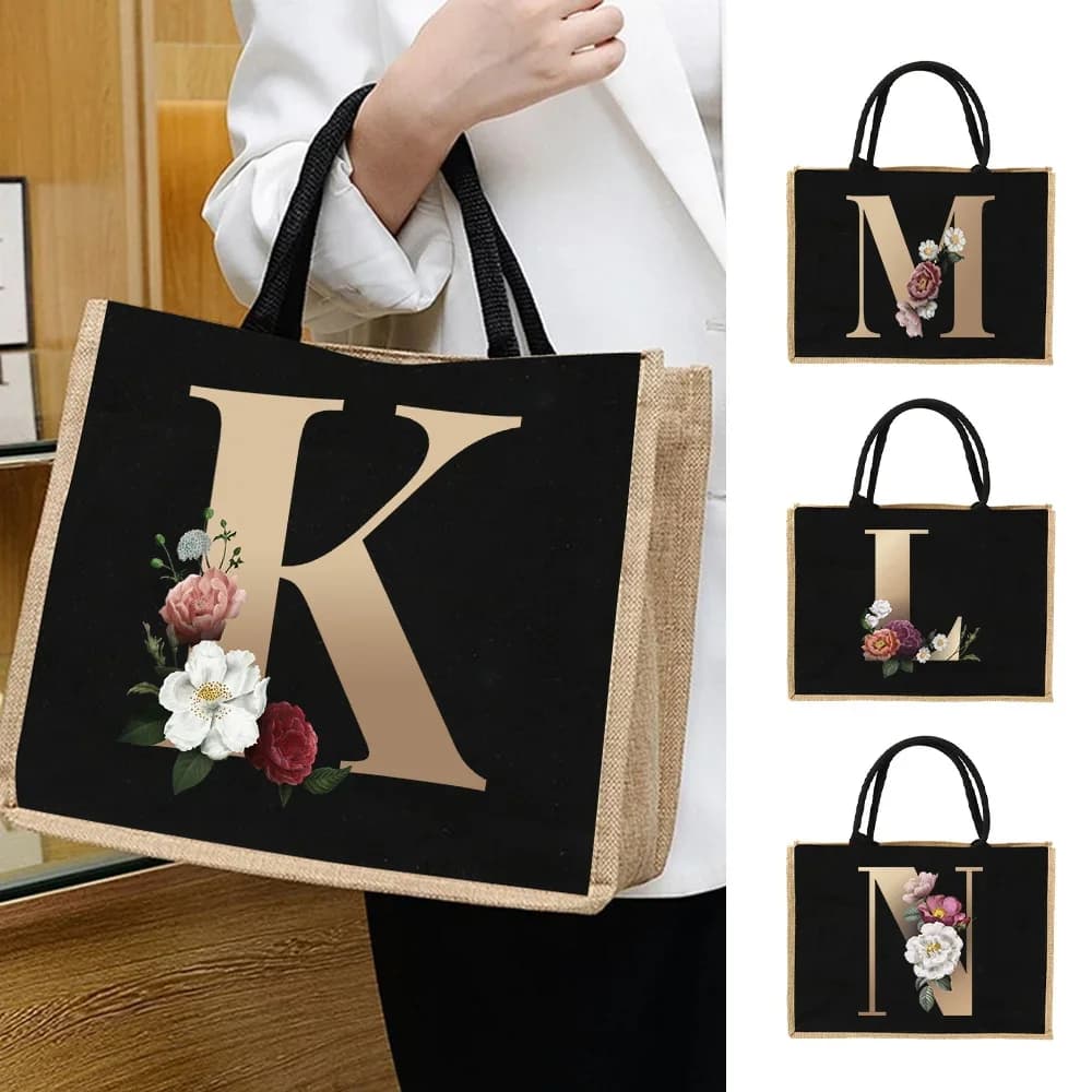 Jute Handbag Shoulder Bag Gold Letters Sacks Jute Imitation Bags Women Shopping Pouch Designer Laminated Bags Dark