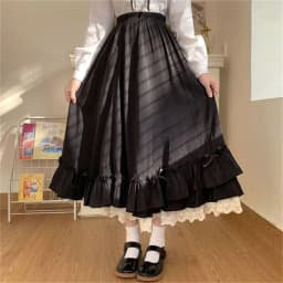 Korean Style Black White Half Skirt Female Long Skirts Japanese Solid Color Double Layer Vintage French Ruffled A-line Skirt