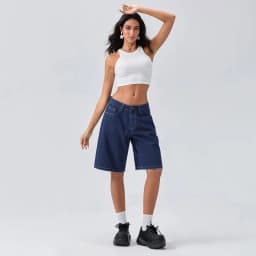 New Fashion Womens Knee Length Denim Shorts Loose Solid Color Low Rise Wide Leg Long Shorts With Pockets For Summer S-2XL