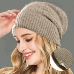 100%Cashmere Beanie Hat for Women's Winter Satin Lined Knitted Solid Skullies Cap Silk Lining Soft Warm Slouchy Bonnet