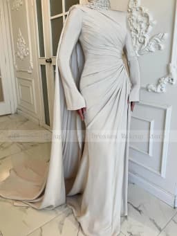 Customized Luxury Formal Dresses Long Sleeves Rhinestone Pleat Draped Special Occasion Dress High Collar Evening Gowns for Women
