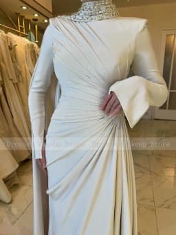 Customized Luxury Formal Dresses Long Sleeves Rhinestone Pleat Draped Special Occasion Dress High Collar Evening Gowns for Women