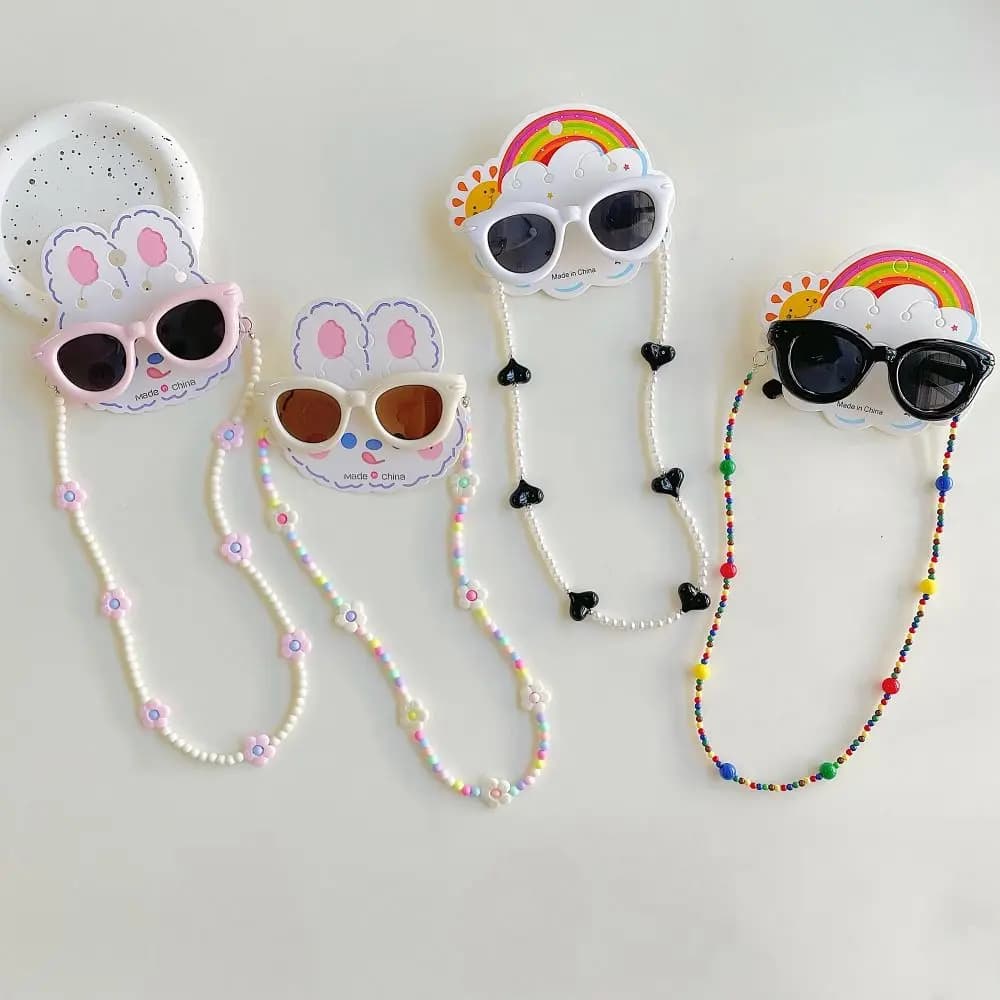 2Pcs/Set Spring Summer Kids Cat Eye Sunglasses Kawaii Fashion Sunscreen Eyeglasses with Eyeglass Chains Outdoor Children Eyewear