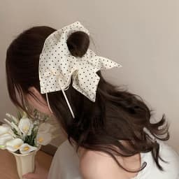 White Fabric Butterfly Large Intestine Hair Band Black Polka Dots Decor Hair Circle Horsetail Leather Band Hair Accessories A-