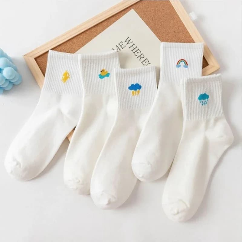 5 Pairs Of Women's Socks Set Spring And Autumn White Cartoon Socks Women's Cute Pure Cotton Weather Socks Fun Socks