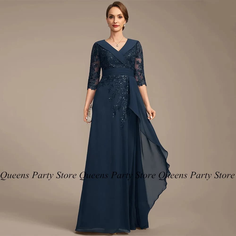 Elegant Navy Mother of The Bride Dress V Neck 3/4 Sleeves Sequined Applique Floor Length A Line Chiffon Wedding Guest Gown