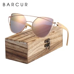 BARCUR Bamboo Cat Eye Sunglasses Polarized Metal Frame Wood Glasses Lady Luxury Fashion Sun Shades With Box