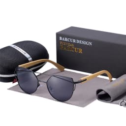 BARCUR Bamboo Cat Eye Sunglasses Polarized Metal Frame Wood Glasses Lady Luxury Fashion Sun Shades With Box