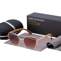 BARCUR Bamboo Cat Eye Sunglasses Polarized Metal Frame Wood Glasses Lady Luxury Fashion Sun Shades With Box
