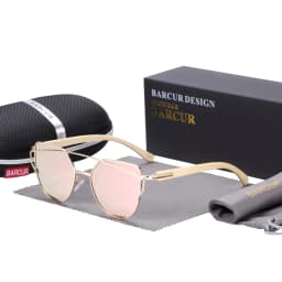 BARCUR Bamboo Cat Eye Sunglasses Polarized Metal Frame Wood Glasses Lady Luxury Fashion Sun Shades With Box