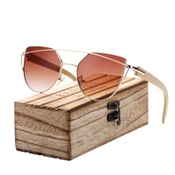 BARCUR Bamboo Cat Eye Sunglasses Polarized Metal Frame Wood Glasses Lady Luxury Fashion Sun Shades With Box