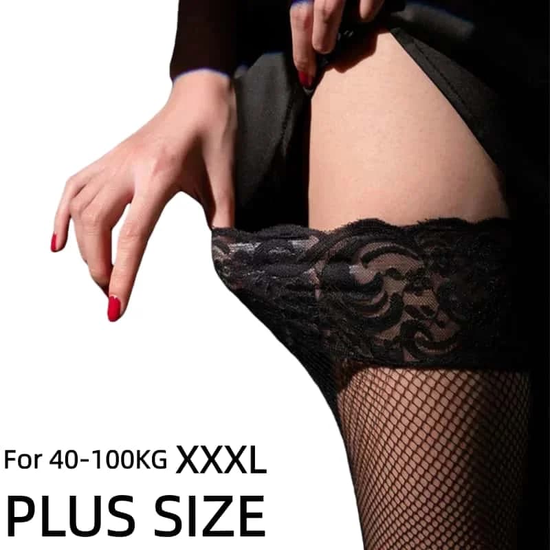 Large Plus Size Black Lace Fishnet Long Socks Girls Silicone Anti Slip Thigh Over Knee High Mesh Stockings for Women 3XXXXXL 4XL