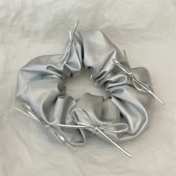 Silver Faux Leather Bow Oversized Scrunchies Girls College Student Hair Ties Ropes Women Elastic Hair Band Grey Ponytail Holder