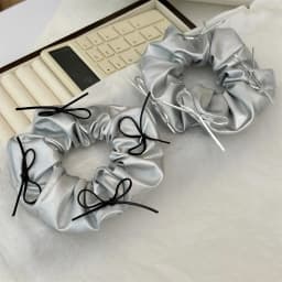 Silver Faux Leather Bow Oversized Scrunchies Girls College Student Hair Ties Ropes Women Elastic Hair Band Grey Ponytail Holder