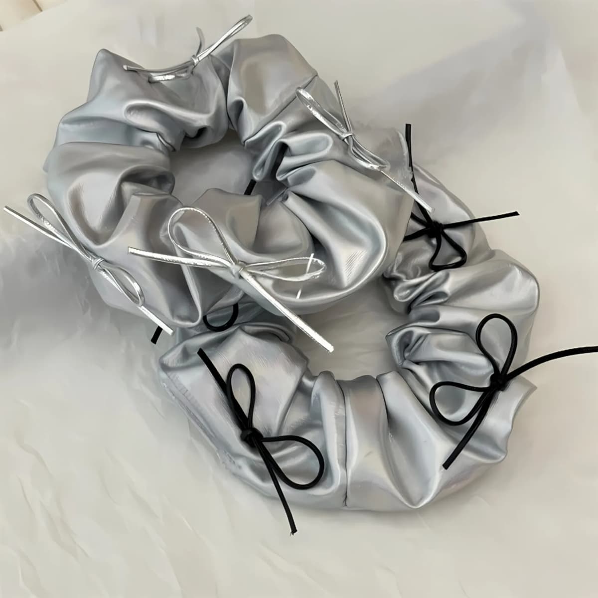 Silver Faux Leather Bow Oversized Scrunchies Girls College Student Hair Ties Ropes Women Elastic Hair Band Grey Ponytail Holder