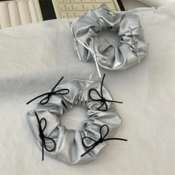 Silver Faux Leather Bow Oversized Scrunchies Girls College Student Hair Ties Ropes Women Elastic Hair Band Grey Ponytail Holder