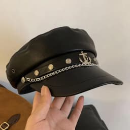Women Fashion Vintage Elegant Metal Chain Leather Octagonal Beret Ladies Vintage Solid Colours Beret Caps