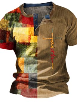 Summer Vintage Mens Shirt Cross Printed Short Sleeve Casual V-Neck Button Oversized Mens Patchwork T Shirt Plaid Tops Streetwear