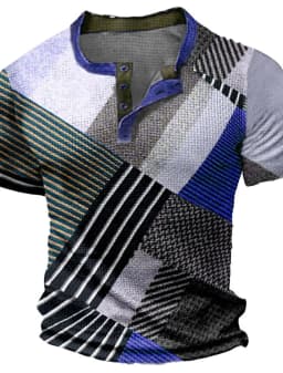 Summer Vintage Mens Shirt Cross Printed Short Sleeve Casual V-Neck Button Oversized Mens Patchwork T Shirt Plaid Tops Streetwear