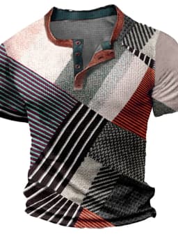 Summer Vintage Mens Shirt Cross Printed Short Sleeve Casual V-Neck Button Oversized Mens Patchwork T Shirt Plaid Tops Streetwear