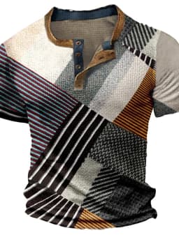 Summer Vintage Mens Shirt Cross Printed Short Sleeve Casual V-Neck Button Oversized Mens Patchwork T Shirt Plaid Tops Streetwear