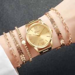 3/6PCS Women's Watch Fashion Gold Steel Band Quartz Watches Bracelets Set(Without Box)